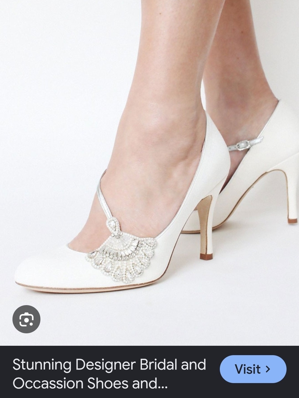 EMMY OF LONDON White Bridal T-Strap Heels with Beaded Accent